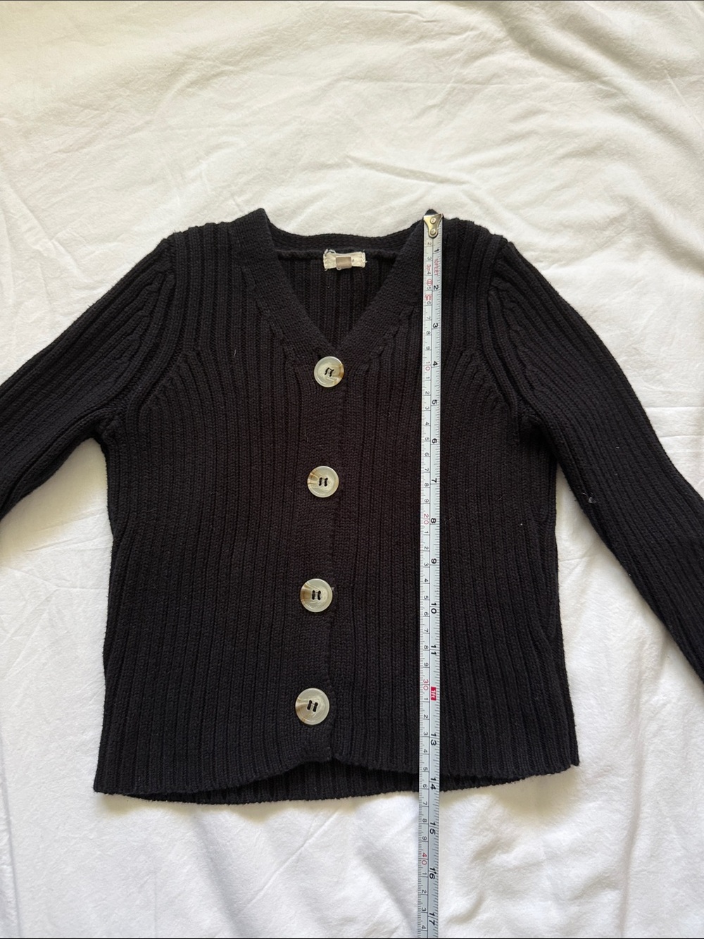 Kids Black Ribbed V-Neck Button-Front Jacket - Picture 1 of 5